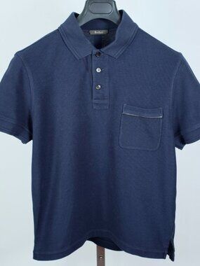 BERLUTI 48 US 38 Polo T shirt navy leather trim